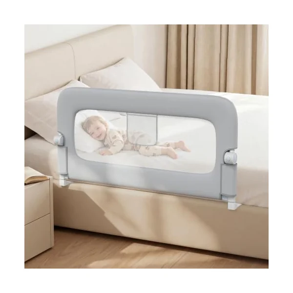 47" Toddler Bed Rails Single Side Bed Rail Guard for Queen Twin Bed Grey | One Hand Silent Drop, Sturdy Steel Frame, Secure Lock Child Safety Rail, Anti Fall Protective Single Side Bed Guard Grey