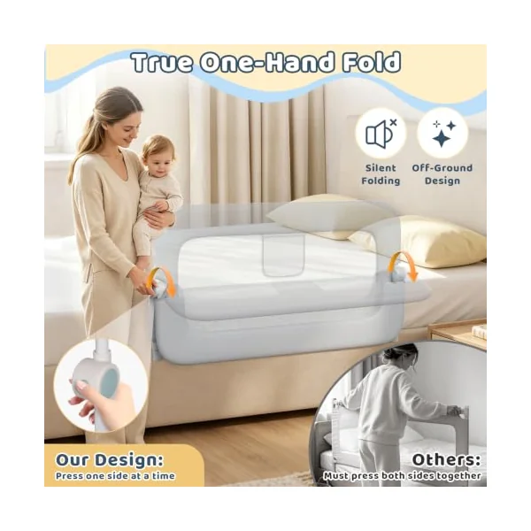 47" Toddler Bed Rails Single Side Bed Rail Guard for Queen Twin Bed Grey | One Hand Silent Drop, Sturdy Steel Frame, Secure Lock Child Safety Rail, Anti Fall Protective Single Side Bed Guard Grey