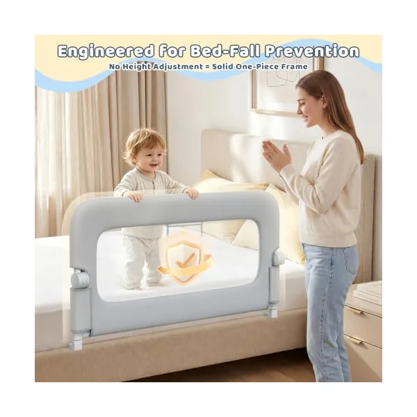 47" Toddler Bed Rails Single Side Bed Rail Guard for Queen Twin Bed Grey | One Hand Silent Drop, Sturdy Steel Frame, Secure Lock Child Safety Rail, Anti Fall Protective Single Side Bed Guard Grey