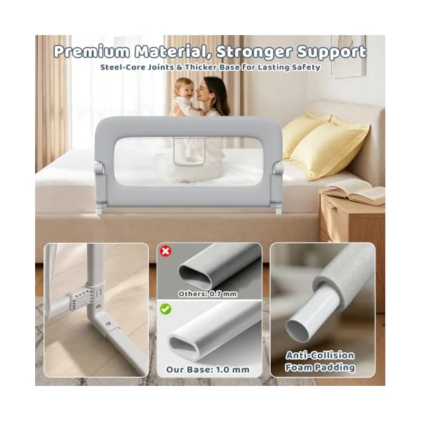 47" Toddler Bed Rails Single Side Bed Rail Guard for Queen Twin Bed Grey | One Hand Silent Drop, Sturdy Steel Frame, Secure Lock Child Safety Rail, Anti Fall Protective Single Side Bed Guard Grey