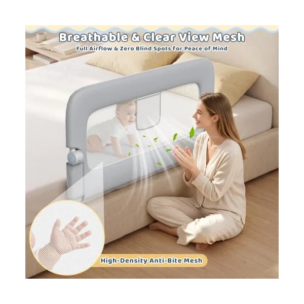 47" Toddler Bed Rails Single Side Bed Rail Guard for Queen Twin Bed Grey | One Hand Silent Drop, Sturdy Steel Frame, Secure Lock Child Safety Rail, Anti Fall Protective Single Side Bed Guard Grey