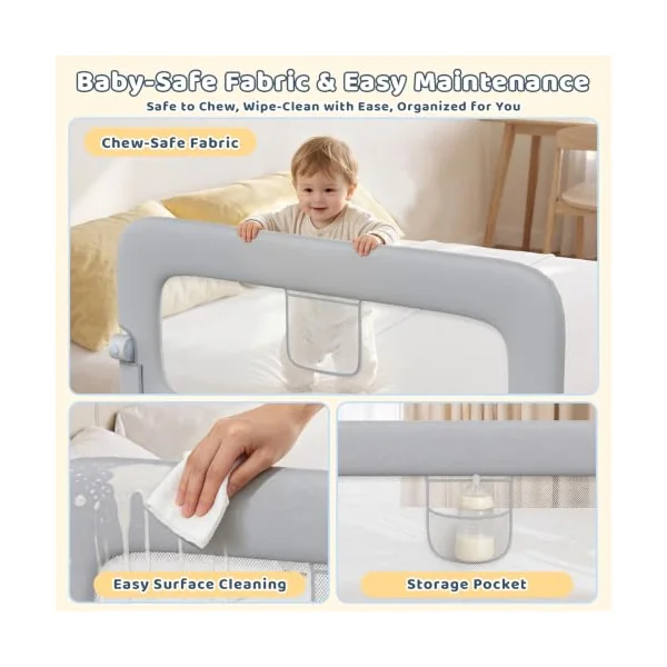 47" Toddler Bed Rails Single Side Bed Rail Guard for Queen Twin Bed Grey | One Hand Silent Drop, Sturdy Steel Frame, Secure Lock Child Safety Rail, Anti Fall Protective Single Side Bed Guard Grey