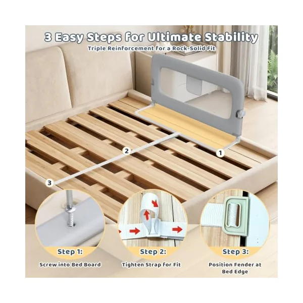 47" Toddler Bed Rails Single Side Bed Rail Guard for Queen Twin Bed Grey | One Hand Silent Drop, Sturdy Steel Frame, Secure Lock Child Safety Rail, Anti Fall Protective Single Side Bed Guard Grey