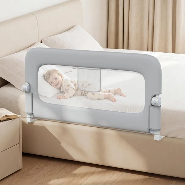 47" Toddler Bed Rails Single Side Bed Rail Guard for Queen Twin Bed Grey | One Hand Silent Drop, Sturdy Steel Frame, Secure Lock Child Safety Rail, Anti Fall Protective Single Side Bed Guard Grey