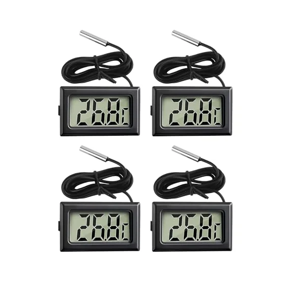 4 Pack Digital Thermometer with External Probe LCD Indicator | Temperature Monitor Sensor for Kitchen Home Fridge Freezer Aquarium Refrigerator Cold Storage Black (-50°C to 110°C)