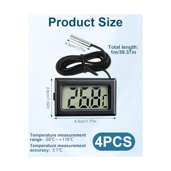 4 Pack Digital Thermometer with External Probe LCD Indicator | Temperature Monitor Sensor for Kitchen Home Fridge Freezer Aquarium Refrigerator Cold Storage Black (-50°C to 110°C)