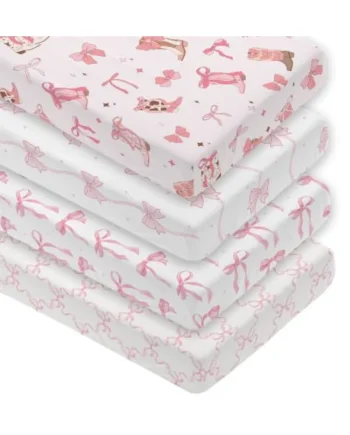 4 Pack Pink Bow Crib Sheet Set for Girl, Soft Breathable Fitted Pink Crib Sheet 28 x 52 in, Cowgirl Nursery Decor for Standard Crib and Toddler Bed Mattresses