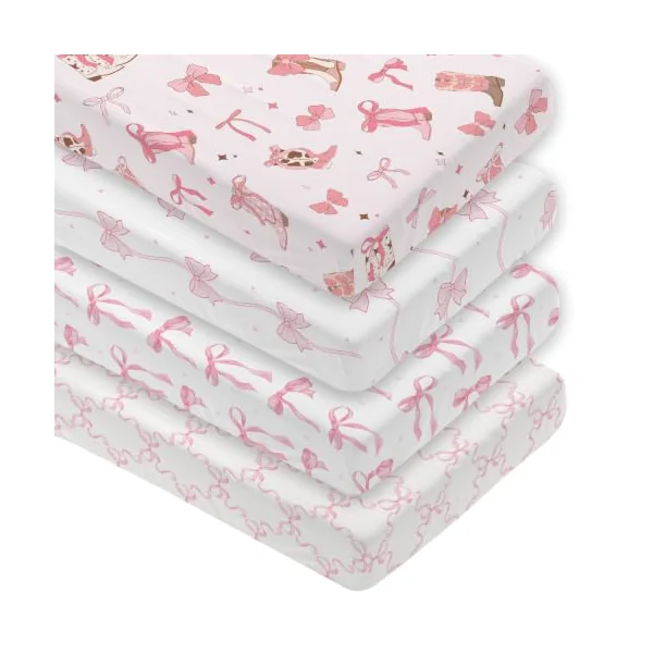 4 Pack Pink Bow Crib Sheet Set for Girl, Soft Breathable Fitted Pink Crib Sheet 28 x 52 in, Cowgirl Nursery Decor for Standard Crib and Toddler Bed Mattresses