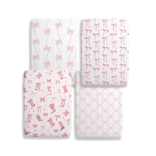 4 Pack Pink Bow Crib Sheet Set for Girl, Soft Breathable Fitted Pink Crib Sheet 28 x 52 in, Cowgirl Nursery Decor for Standard Crib and Toddler Bed Mattresses