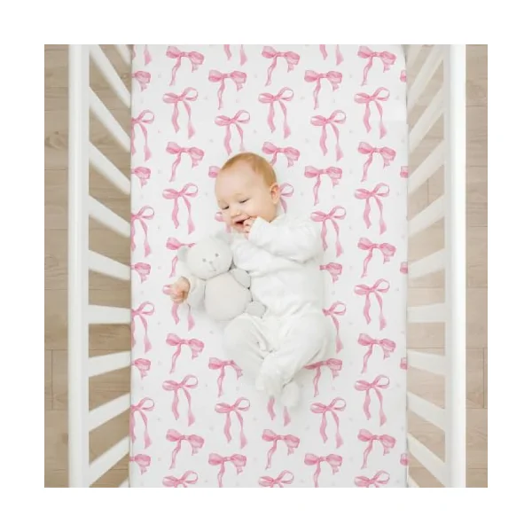 4 Pack Pink Bow Crib Sheet Set for Girl, Soft Breathable Fitted Pink Crib Sheet 28 x 52 in, Cowgirl Nursery Decor for Standard Crib and Toddler Bed Mattresses