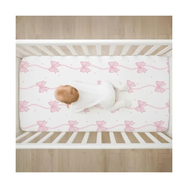 4 Pack Pink Bow Crib Sheet Set for Girl, Soft Breathable Fitted Pink Crib Sheet 28 x 52 in, Cowgirl Nursery Decor for Standard Crib and Toddler Bed Mattresses