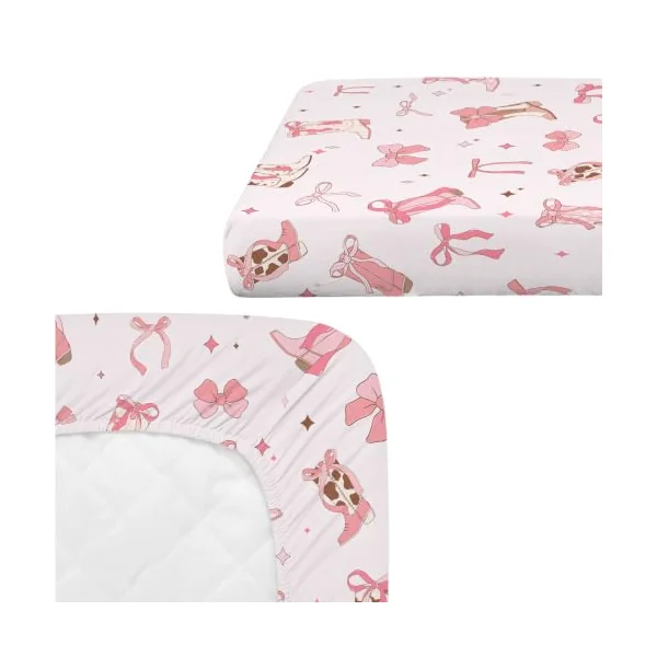4 Pack Pink Bow Crib Sheet Set for Girl, Soft Breathable Fitted Pink Crib Sheet 28 x 52 in, Cowgirl Nursery Decor for Standard Crib and Toddler Bed Mattresses