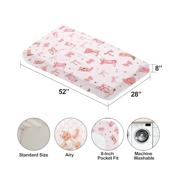 4 Pack Pink Bow Crib Sheet Set for Girl, Soft Breathable Fitted Pink Crib Sheet 28 x 52 in, Cowgirl Nursery Decor for Standard Crib and Toddler Bed Mattresses