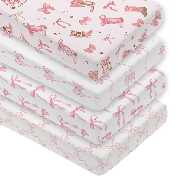 4 Pack Pink Bow Crib Sheet Set for Girl, Soft Breathable Fitted Pink Crib Sheet 28 x 52 in, Cowgirl Nursery Decor for Standard Crib and Toddler Bed Mattresses