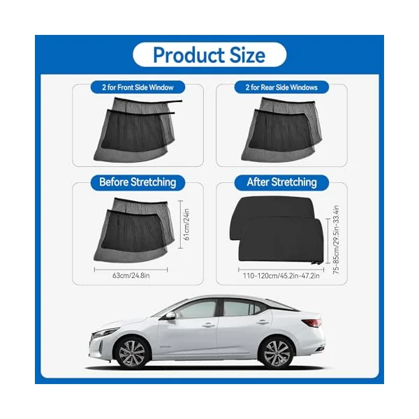 4 PCS Car Window Covers, Highly Elastic Sun Shades for Car Window | Reduces Heat Universal UV Protection, Sun Protection Net Cars Breathable Black Window Covers Privacy for Family, Pets