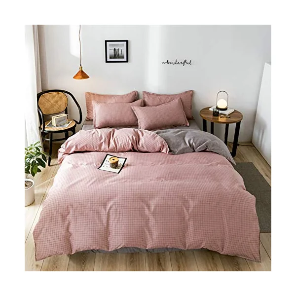 4 Piece Duvet Cover Sets, Print Microfiber Bedding Set with 1 Zipper Quilt Cover, 1 Flat Sheet and 2 Pillowcases for Bedroom Single King Size Bed (Pink Small Lattice,200x230cm)
