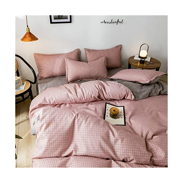 4 Piece Duvet Cover Sets, Print Microfiber Bedding Set with 1 Zipper Quilt Cover, 1 Flat Sheet and 2 Pillowcases for Bedroom Single King Size Bed (Pink Small Lattice,200x230cm)
