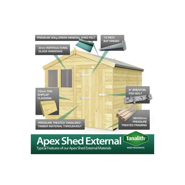 4 x 12 Feet Apex Shed - Double Door With Windows - Wood - L358 x W118 x H217 cm