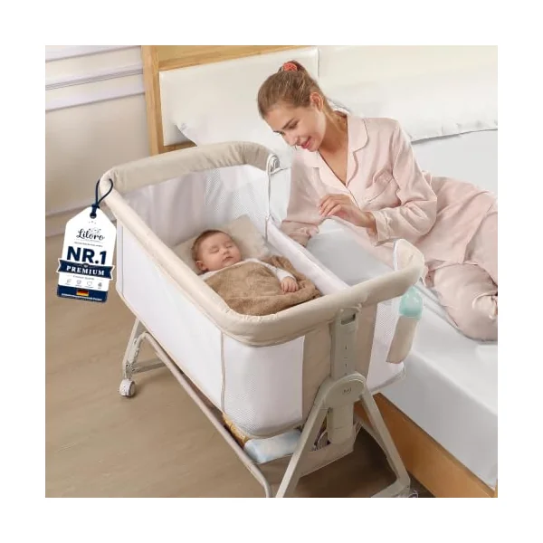 4-in-1 Baby Bedside Crib, 6 Height Adjustable Co-Sleeper Cot, Portable Baby Bassinet with Wheels, Breathable Mesh Sides, Newborn Baby Cradle 0–12 Months, Beige