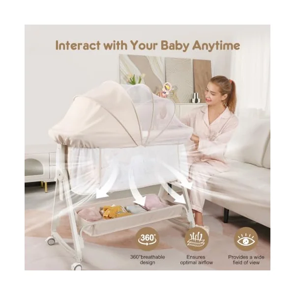 4-in-1 Baby Bedside Crib, 6 Height Adjustable Co-Sleeper Cot, Portable Baby Bassinet with Wheels, Breathable Mesh Sides, Newborn Baby Cradle 0–12 Months, Beige