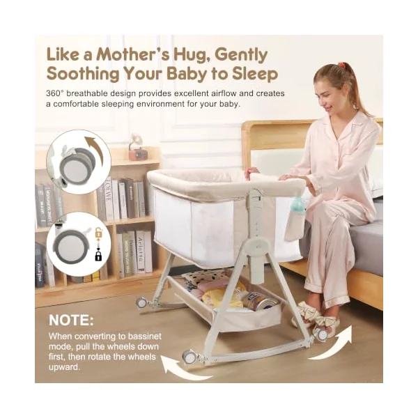 4-in-1 Baby Bedside Crib, 6 Height Adjustable Co-Sleeper Cot, Portable Baby Bassinet with Wheels, Breathable Mesh Sides, Newborn Baby Cradle 0–12 Months, Beige