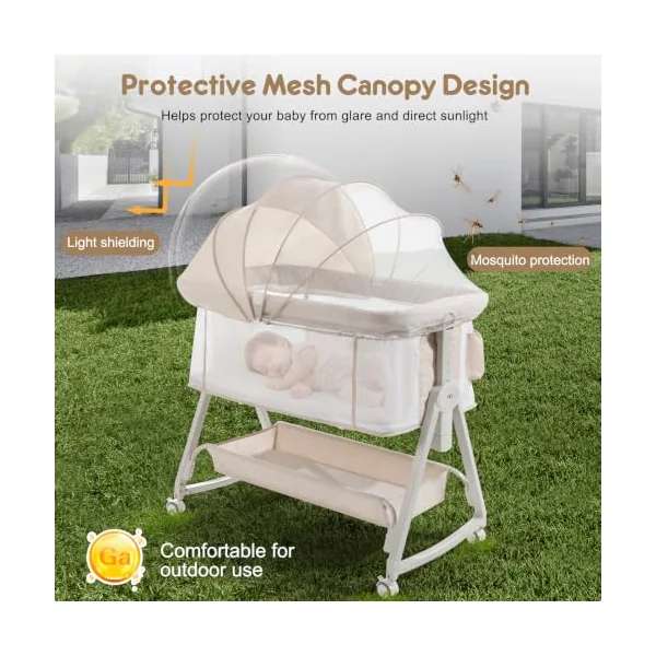4-in-1 Baby Bedside Crib, 6 Height Adjustable Co-Sleeper Cot, Portable Baby Bassinet with Wheels, Breathable Mesh Sides, Newborn Baby Cradle 0–12 Months, Beige