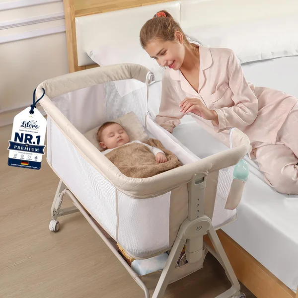 4-in-1 Baby Bedside Crib, 6 Height Adjustable Co-Sleeper Cot, Portable Baby Bassinet with Wheels, Breathable Mesh Sides, Newborn Baby Cradle 0–12 Months, Beige