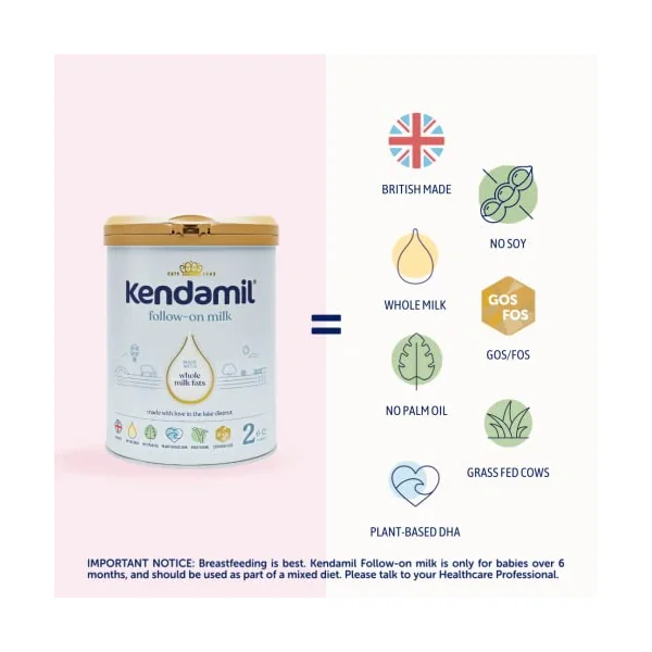 (4x800g) Kendamil Follow-On Milk 4-Pack, Stage 2, 6-12 Months – British Made, Whole Milk Formula – Vegetarian, No Palm Oil, No GMOs – with Omega 3 DHA, Omega 6 ARA and Prebiotics