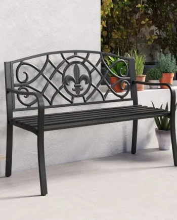 50.5 Inch Outdoor Garden Bench for 2-3 with Cast Iron Floral Backrest