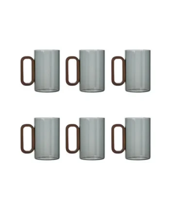 6pcs 360ml Smoked Grey Borosilicate Glass Mugs Tea Cups with Wooden Handle