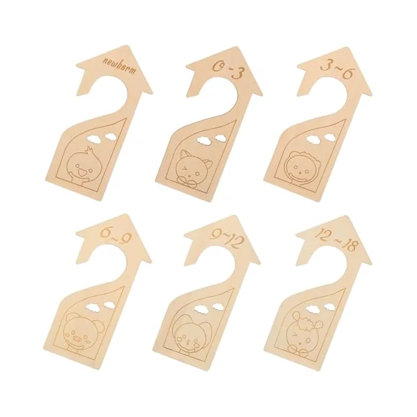 6pcs Wooden Wardrobe Divider for Clothes Organisation with Beige Cartoon Design, Closet Size Dividers for Baby Clothes Nursery Storage and Age Sorting