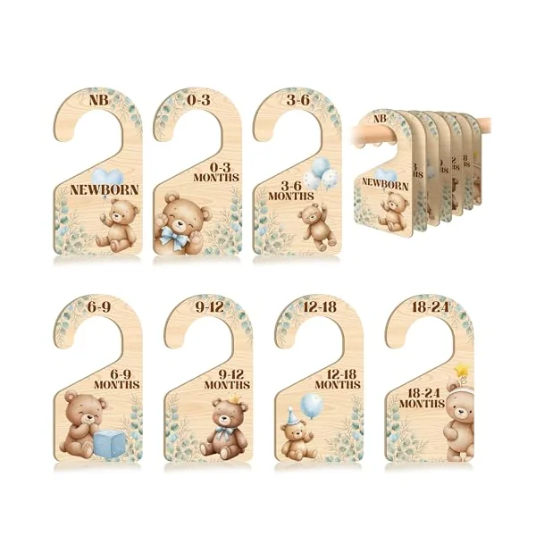 7 PCS Bear Closet Dividers for Baby Clothes, Wooden Rustic Nursery Wardrobe Organizer with Double-Sided Size Labels for Newborn to 24 Months, Woodland Baby Room Decor