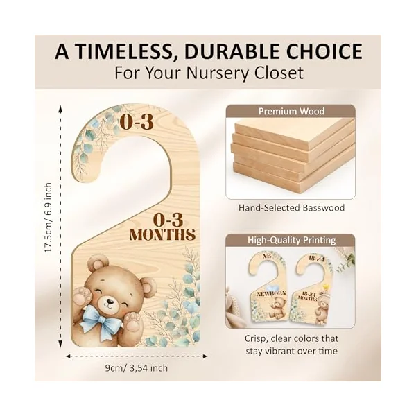 7 PCS Bear Closet Dividers for Baby Clothes, Wooden Rustic Nursery Wardrobe Organizer with Double-Sided Size Labels for Newborn to 24 Months, Woodland Baby Room Decor