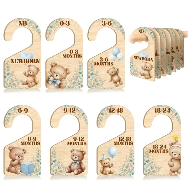 7 PCS Bear Closet Dividers for Baby Clothes, Wooden Rustic Nursery Wardrobe Organizer with Double-Sided Size Labels for Newborn to 24 Months, Woodland Baby Room Decor