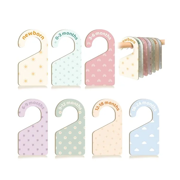 7 PCS Boho Closet Dividers for Baby Clothes, Double-Sided Pastel Nursery Wardrobe Organizer with Size Labels for Newborn to 24 Months, Neutral Baby Room Decor Accessories