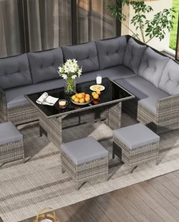7 Pieces Patio Dining Furniture Set Outdoor PE Rattan Sectional Sofa Set