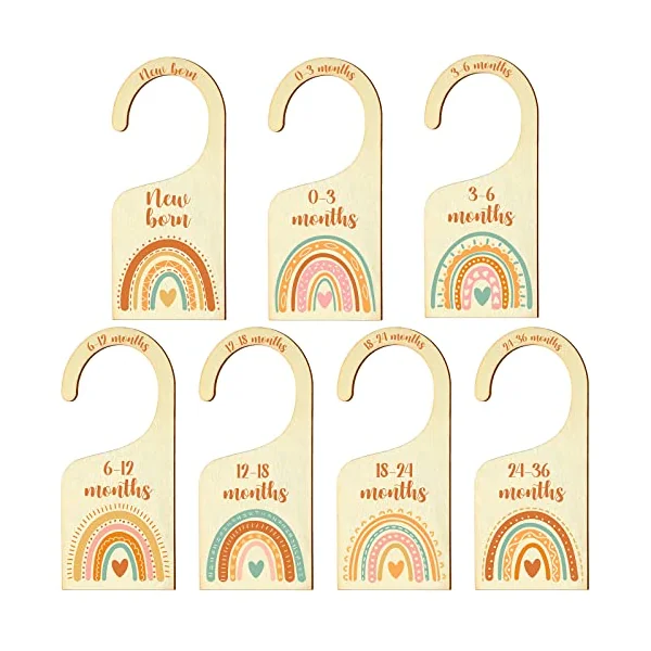 7 Pieces Rainbow Baby Closet Dividers Boho Nursery Closet Organizer Wooden Newborn Wardrobe Divider Kids Clothes Divider to Arrange Clothes with Separator By Size or Age for Baby Shower 0 - 24 Months