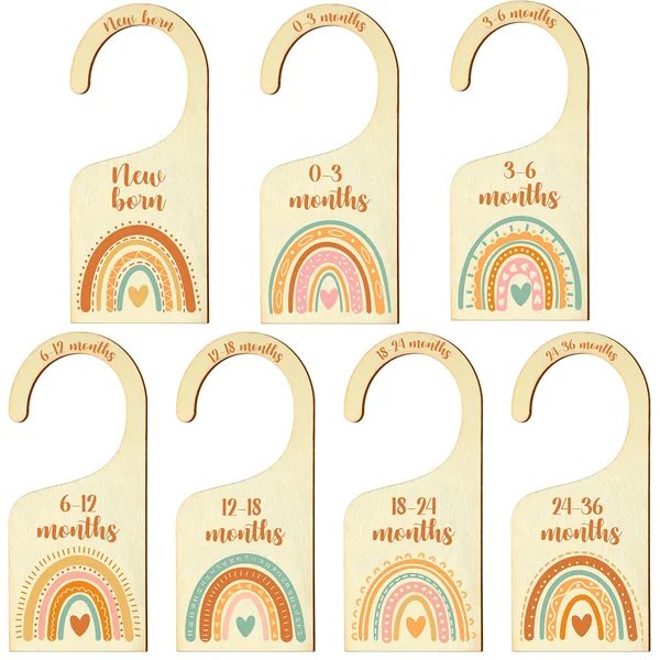 7 Pieces Rainbow Baby Closet Dividers Boho Nursery Closet Organizer Wooden Newborn Wardrobe Divider Kids Clothes Divider to Arrange Clothes with Separator By Size or Age for Baby Shower 0 - 24 Months