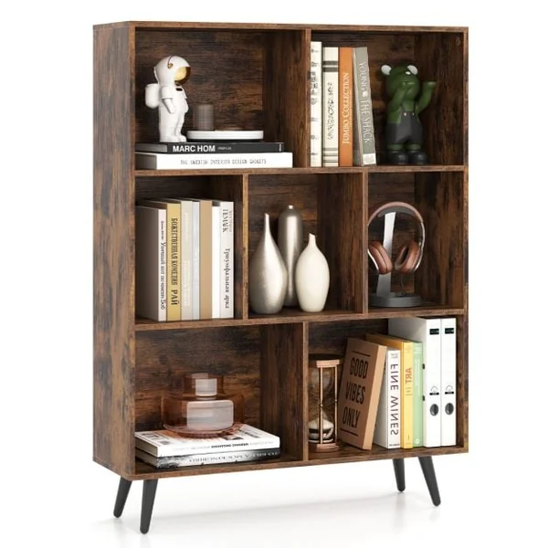 7-Cube Bookcase Mid Century Modern Storage Organizer with 4 Tapered Metal Legs