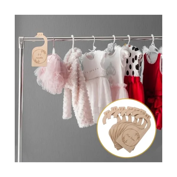 7pcs Baby Closet Dividers for Nursery Wardrobe, Basswood Infant Clothes Organizers with Smooth Surface, Khaki Wooden Hangers to Separate Clothes for Different Periods, Gift