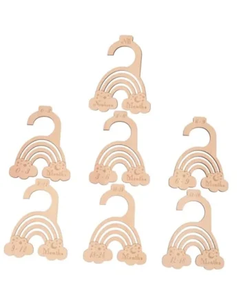 7pcs Wooden Baby Closet Size Dividers for Infant Hangers | Khaki Finish, Easy to See Labels, Ergonomic Shape for Tidy Wardrobe Sorting