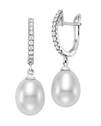8.5-9mm Cultured Freshwater White Pearl & 0.16ctw Diamond Earrings, 18ct White Gold