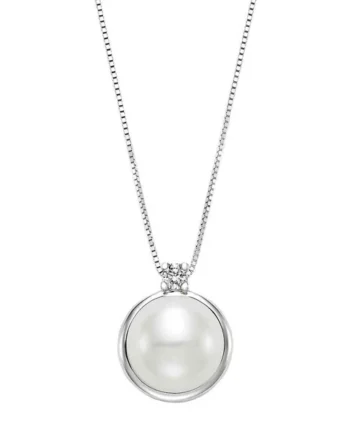 9-10mm Cultured Freshwater White Pearl & 0.06ctw Diamond Pendant, 14ct White Gold