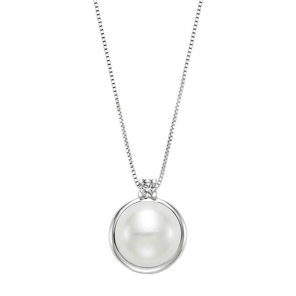 9-10mm Cultured Freshwater White Pearl & 0.06ctw Diamond Pendant, 14ct White Gold