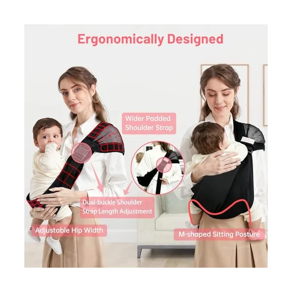 Adjustable Front & Back Baby Sling Carrier, Breathable for 0-36M | Fast In & Out, 300g Lightweight, 3.7 in Thick Shoulder Strap, Double Safety Buckle, Multi Carry Modes for Trip, Travel, Home
