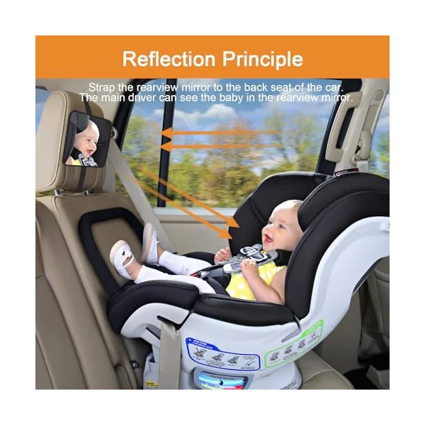 AiQInu Car Mirror Baby Rear View, Baby Car Mirror for Back Seat, 100Percent Shatterproof Car Baby Mirror, Adjustable Straps, Essentials for Newborn and Baby Safety, Schwarz