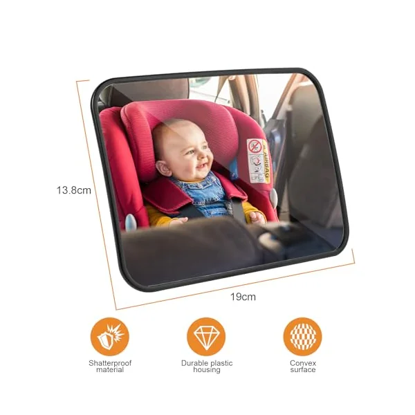 AiQInu Car Mirror Baby Rear View, Baby Car Mirror for Back Seat, 100Percent Shatterproof Car Baby Mirror, Adjustable Straps, Essentials for Newborn and Baby Safety, Schwarz