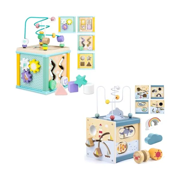 Airlab Wooden Activity Cube Toddler Montessori Toys and Wooden Activity Cube Baby Toys Ocean Theme