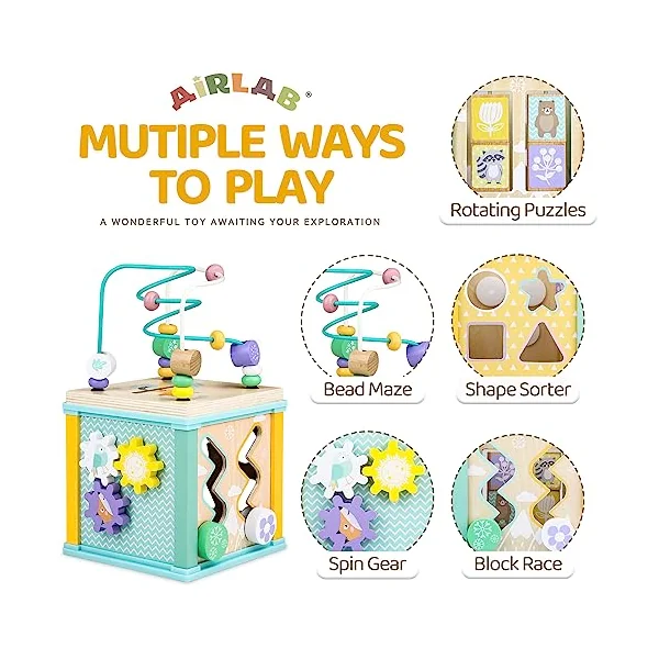Airlab Wooden Activity Cube Toddler Montessori Toys and Wooden Activity Cube Baby Toys Ocean Theme