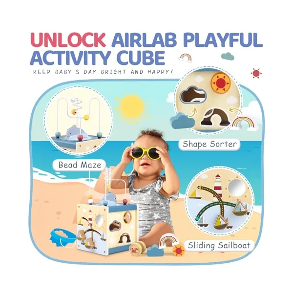 Airlab Wooden Activity Cube Toddler Montessori Toys and Wooden Activity Cube Baby Toys Ocean Theme